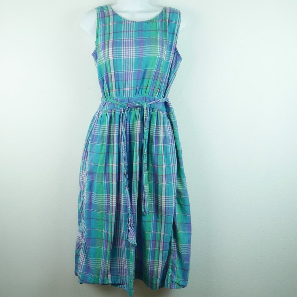 Vintage 80s Pinafore Dress Size 4 Madras Plaid Preppy Cottagecore Midi Cotton